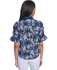 Karl Lagerfeld Paris Women's Velvet Embroidery Button-Front Blouse