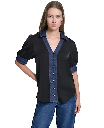 Karl Lagerfeld Paris Women's Denim Collar Button-Front Blouse