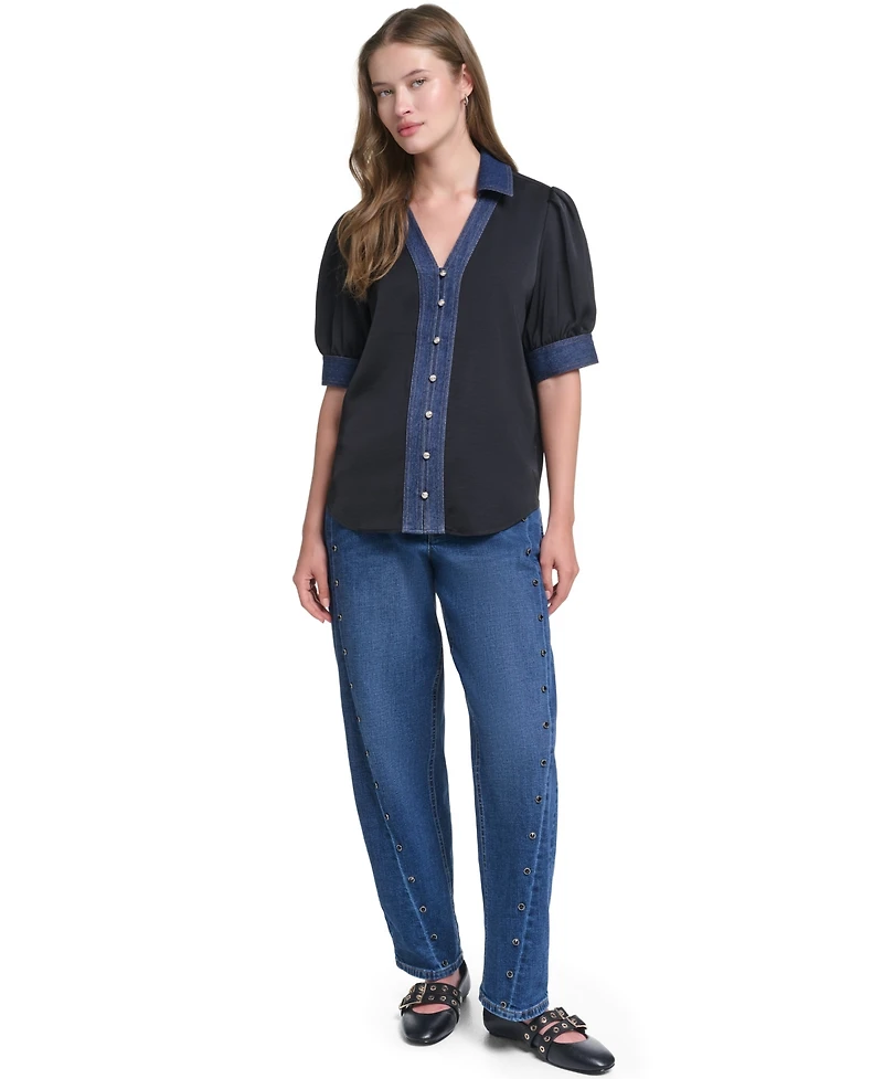 Karl Lagerfeld Paris Women's Denim Collar Button-Front Blouse