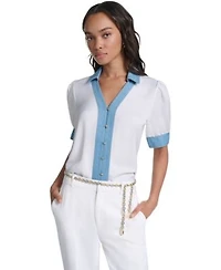 Karl Lagerfeld Paris Womens Denim Collar Button Front Blouse