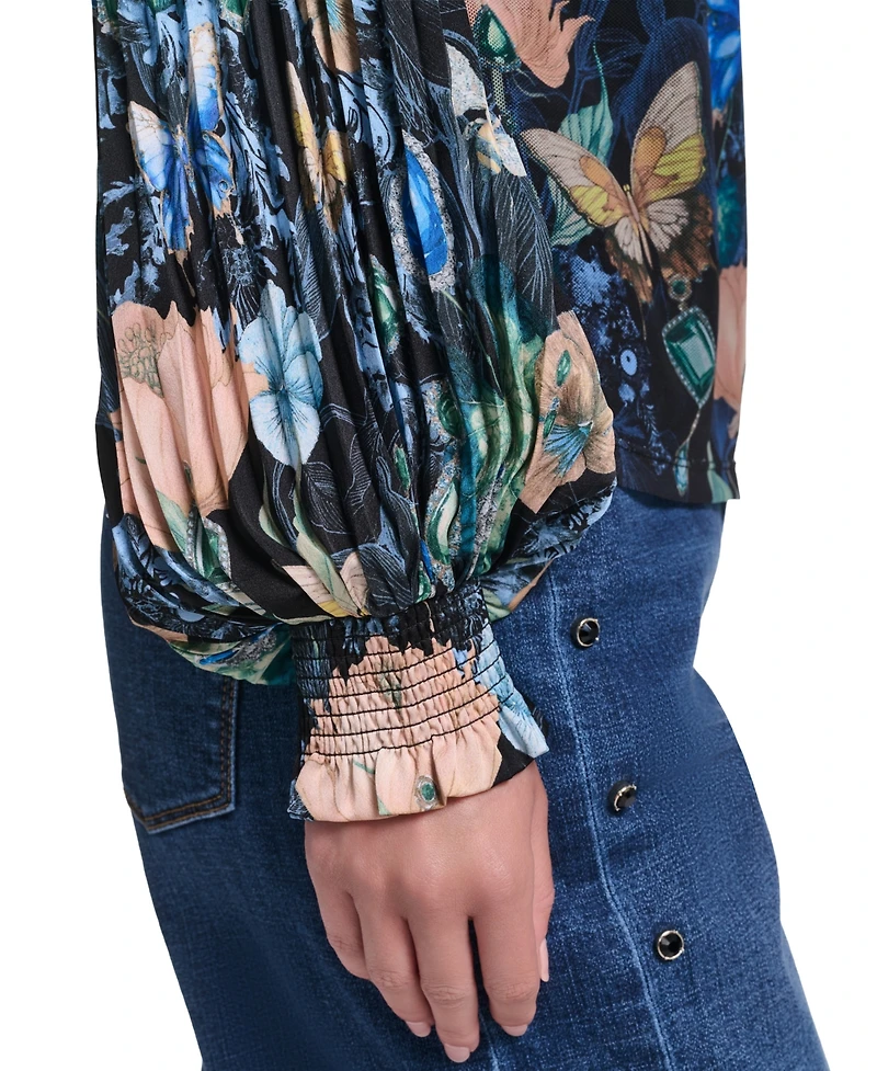 Karl Lagerfeld Paris Women's Mixed Media Printed Mesh Top