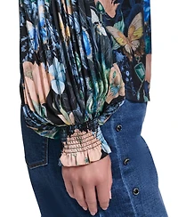 Karl Lagerfeld Paris Women's Mixed Media Printed Mesh Top