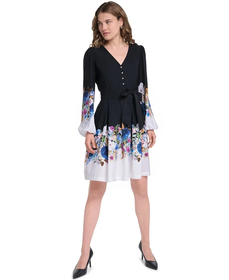 Karl Lagerfeld Paris Women's Floral Long-Sleeve Self-Tie Button-Front Dress