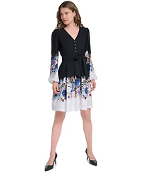Karl Lagerfeld Paris Women's Floral Long-Sleeve Self-Tie Button-Front Dress