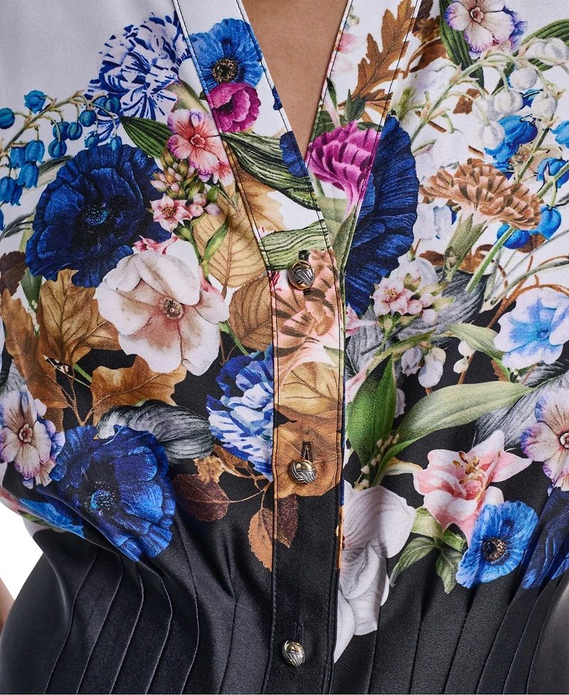 Karl Lagerfeld Paris Women's Floral Pleated Button-Front Blouse