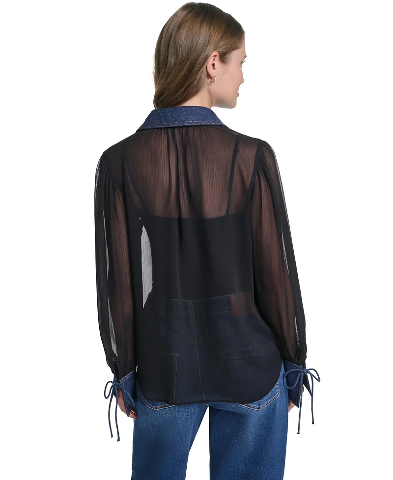 Karl Lagerfeld Paris Women's Denim Collar and Cuff Crinkle Chiffon Button-Up Top