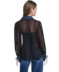 Karl Lagerfeld Paris Women's Denim Collar and Cuff Crinkle Chiffon Button-Up Top