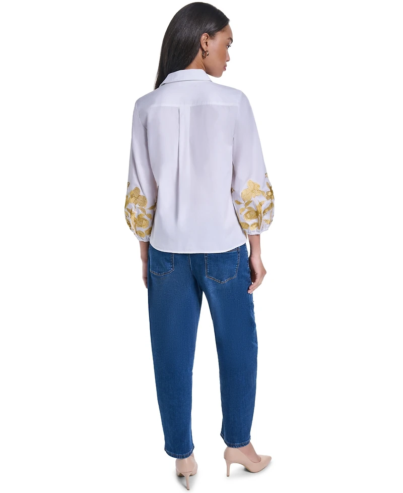 Karl Lagerfeld Paris Women's Gold-Tone Embroidery Puff Sleeve Button-Front Blouse