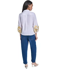 Karl Lagerfeld Paris Women's Gold-Tone Embroidery Puff Sleeve Button-Front Blouse