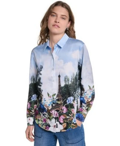 Karl Lagerfeld Paris Womens Printed Collared Neck Blouse