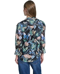 Karl Lagerfeld Paris Women's Ruffle Collar Printed Chiffon Button-Up Blouse