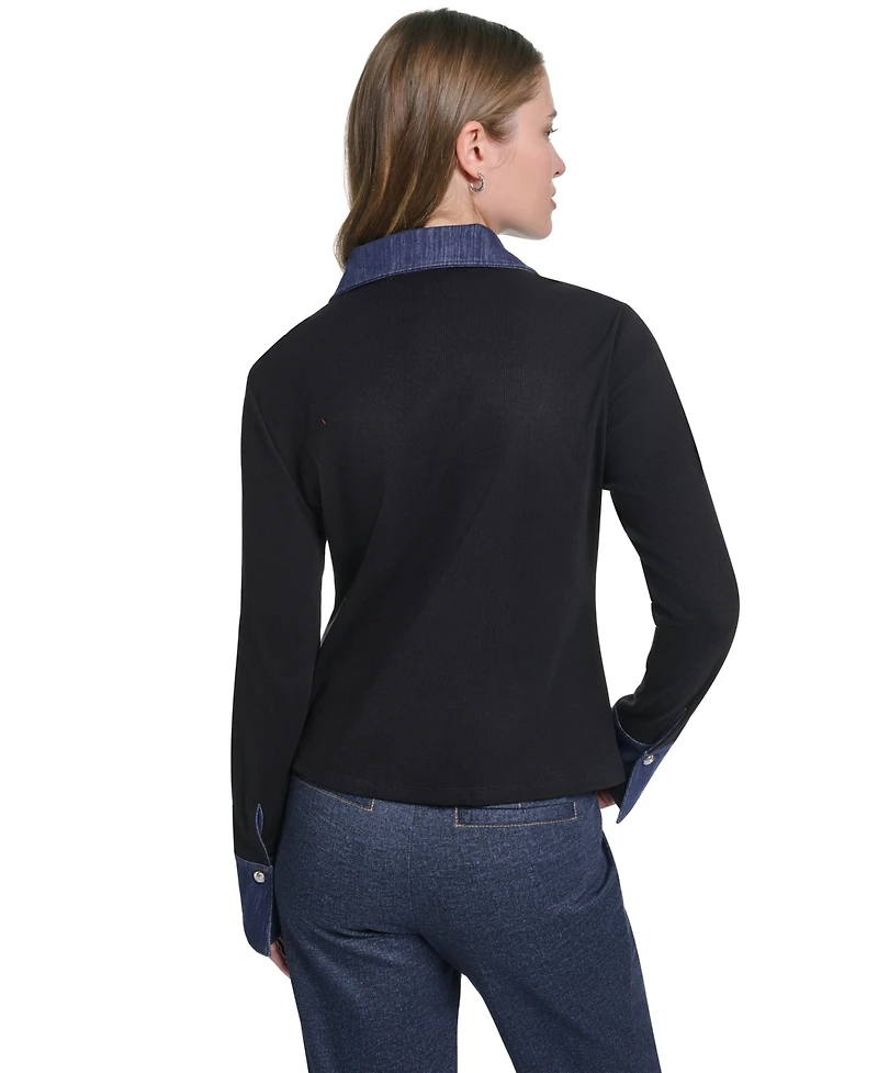 Karl Lagerfeld Paris Women's Denim Collar and Cuffs Knit Button-Up Sweater