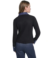 Karl Lagerfeld Paris Women's Denim Collar and Cuffs Knit Button-Up Sweater