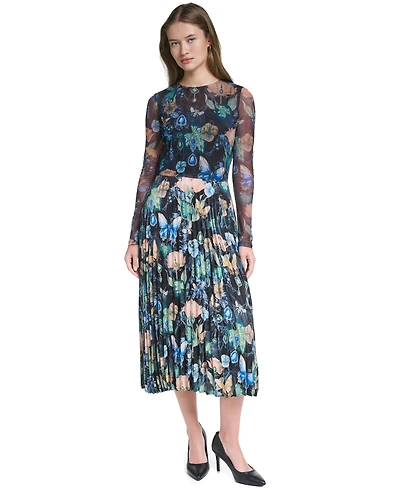 Karl Lagerfeld Paris Women's Printed Mesh Long-Sleeve Crewneck Dress