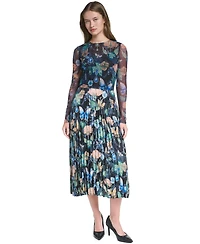 Karl Lagerfeld Paris Women's Printed Mesh Long-Sleeve Crewneck Dress