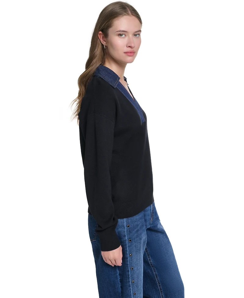 Karl Lagerfeld Paris Women's Denim Collar V-Neck Sweater