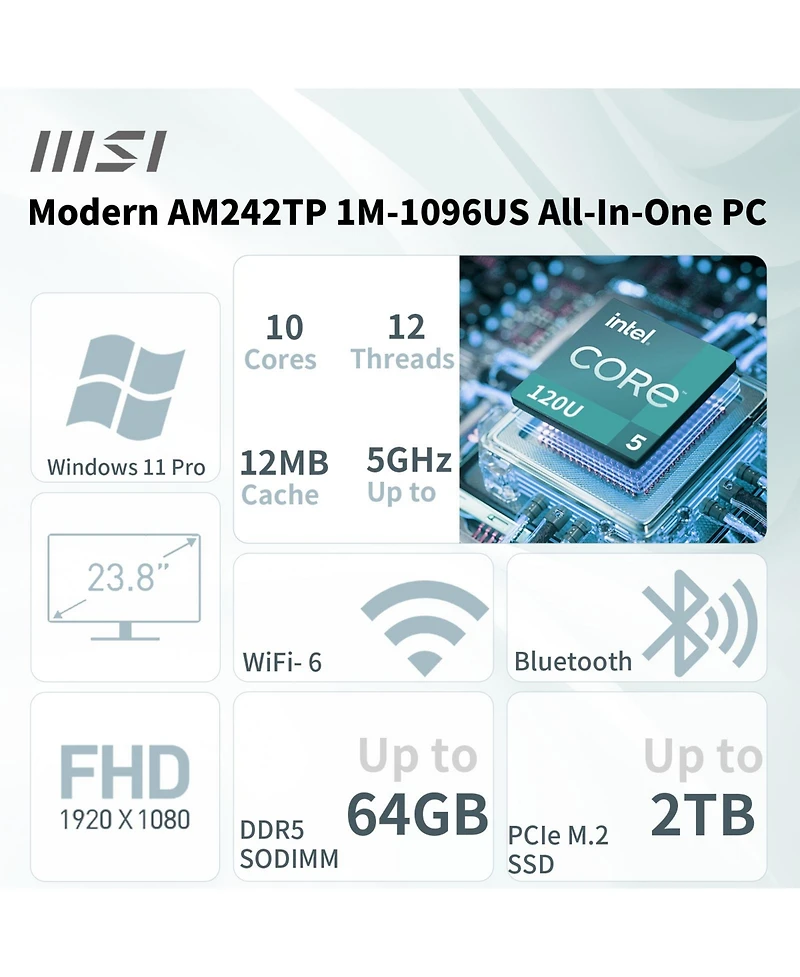 Msi Modern AM242TP 23.8" All-in-One Intel Core 5 64GB Ram Intel Graphics 2TB Ssd Storage Windows 11 Pro 60Hz