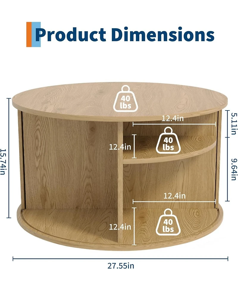 gaomon 28" Round Coffee Table with Storage