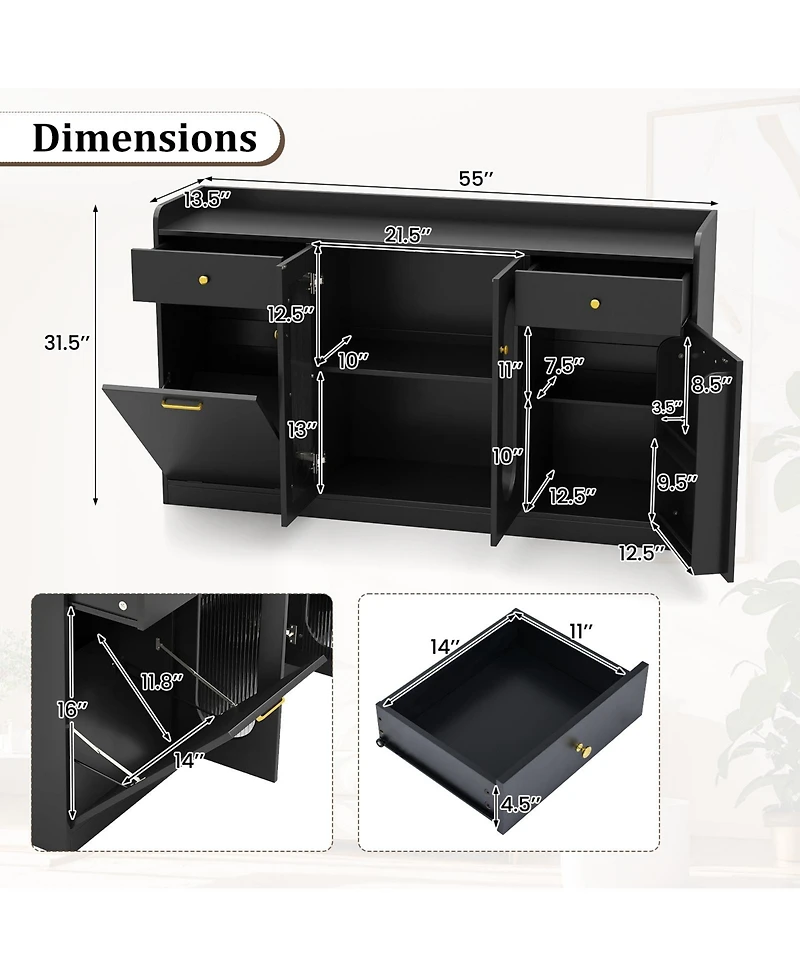 Costway 55" Large Buffet Cabinet with 2 Glass Doors, Drawers, Door Shelves for Kitchen