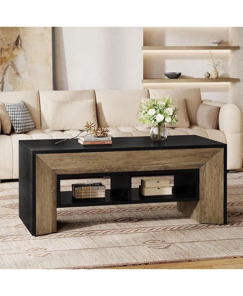Tribesigns Rectangular Coffee Table with 2-Tier Storage,Wood Center Table with Durable Trapezoidal Legs for Living Room,Heavy Duty