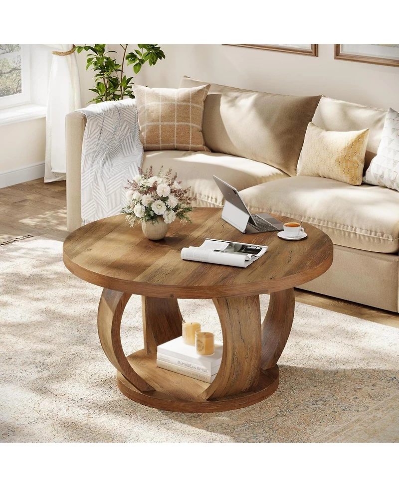 Tribesigns Round Coffee Table,2-Tier Circle Coffee Table with Storage,Farmhouse Wooden Center Furniture for Living Room,Small Space