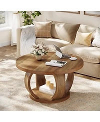 Tribesigns Round Coffee Table,2-Tier Circle Coffee Table with Storage,Farmhouse Wooden Center Furniture for Living Room,Small Space