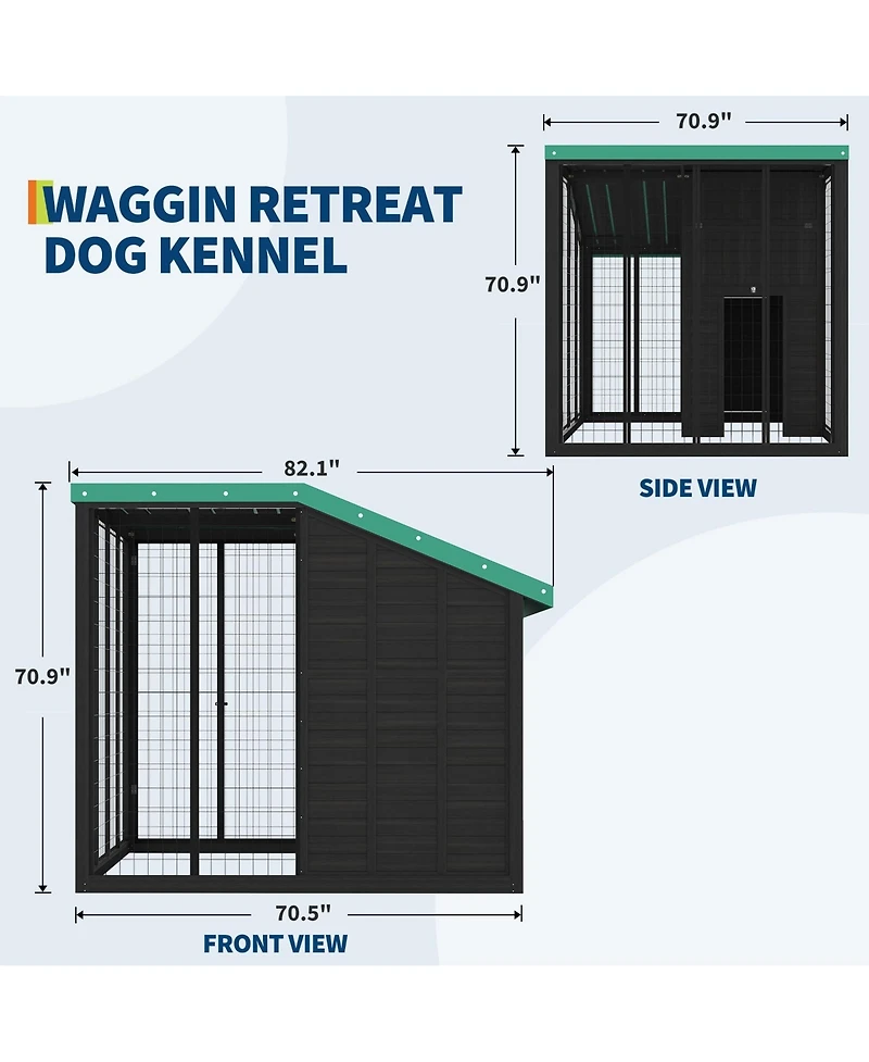 Weatherproof Cedar Wood Dog Kennel with Galvanized Steel Roof Lockable Gate Feeding Back Doors Water Food Trays Pet Enclosure for Large Breeds