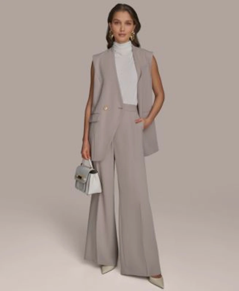 Donna Karan New York Petite V Neck One Button Vest Pinstripe Wide Leg Pants