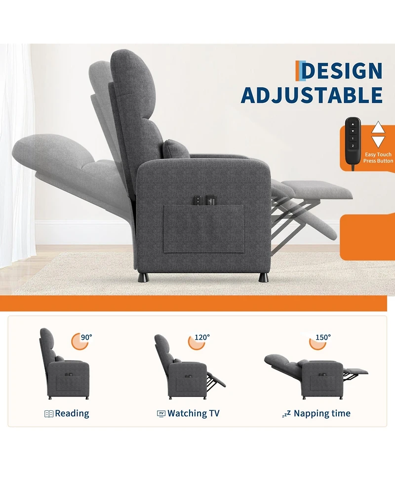 homfan Ergonomic Electric Power Recliner with Massage and Heat, Tall Back Lumbar Support, Side Pockets Usb Port for Home Theater