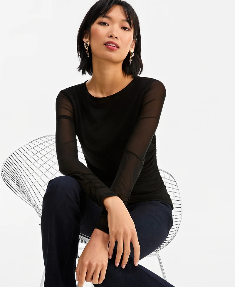 I.n.c. International Concepts Women's Long-Sleeve Ruched Mesh Blouse, Macy's Exclusive