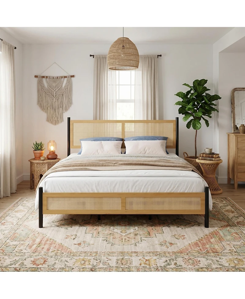 Gaomon Rattan Bed Frame with woven headboard and footboard, sturdy slatted support, no box spring needed, perfect for bedroom