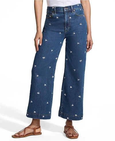 Lands' End Petite Soft Denim High Rise Embroidered Wide Leg Crop Jeans
