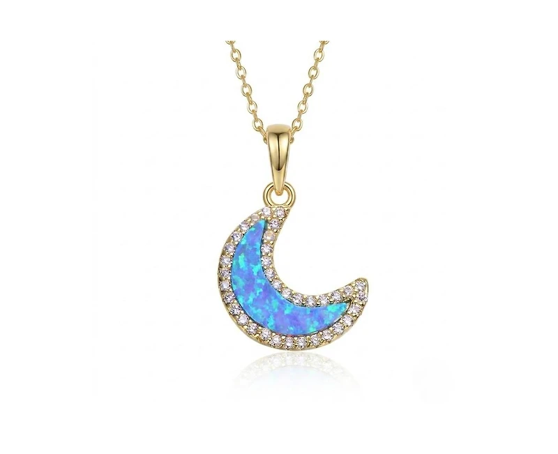 Rachel Glauber 14K Gold Plated Sparkling Moon Opal and Cz Halo Necklace