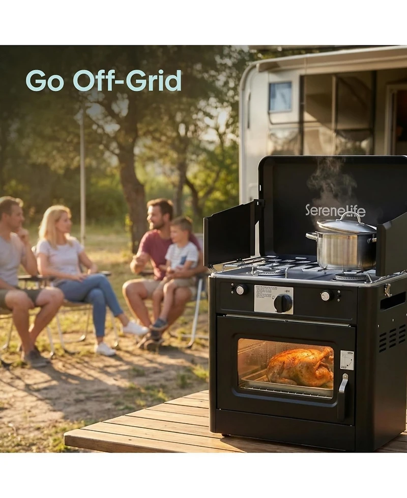 SereneLife 3-in-1 Camping Stove Oven Combo - Outdoor Camp Oven with 2 Burners, Piezo Ignition and Temperature Control