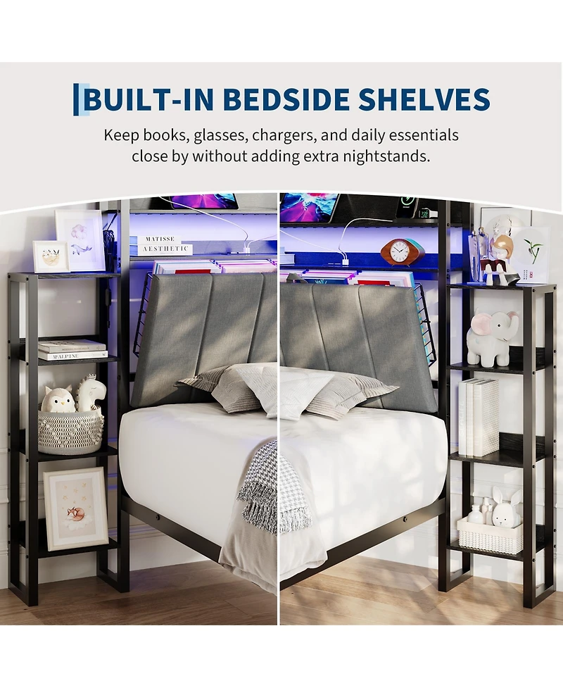 gaomon Twin Size Upholstered Bed Frame with Hidden Headboard Storage, Led Lights, Charging Station