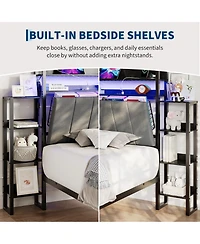 gaomon Twin Size Upholstered Bed Frame with Hidden Headboard Storage, Led Lights, Charging Station