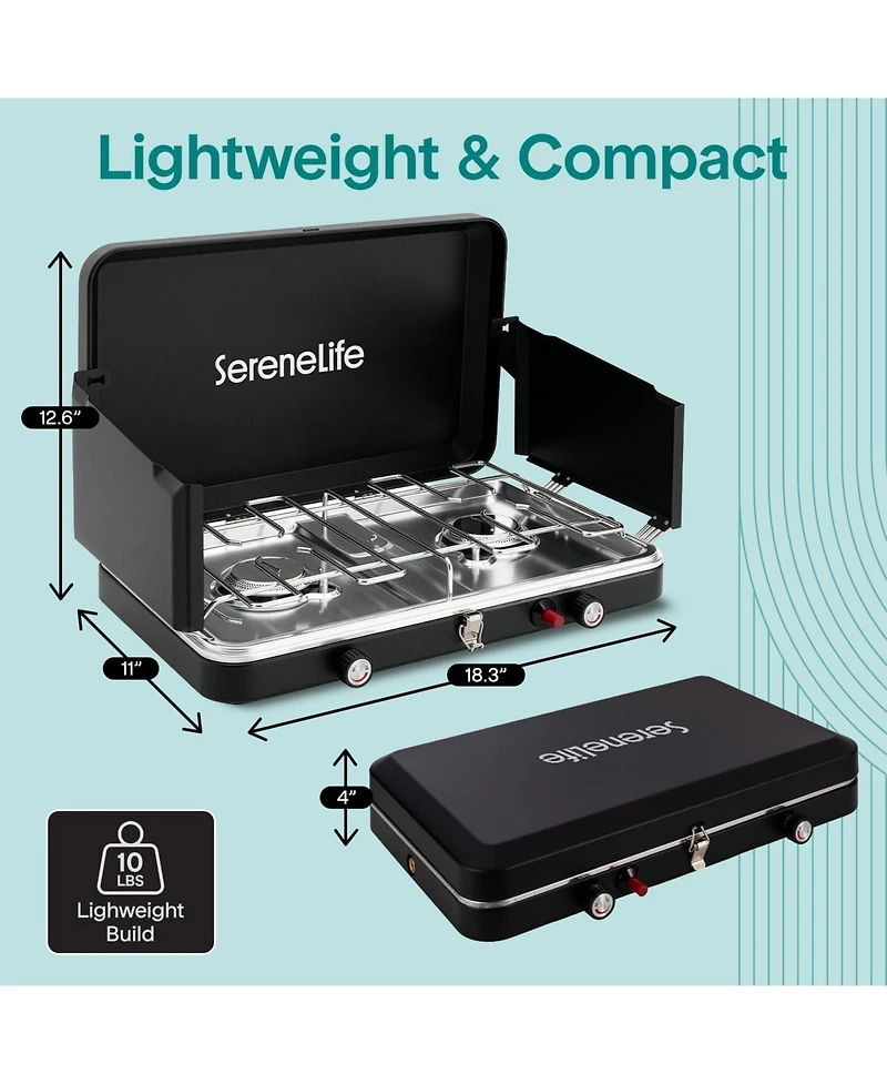 SereneLife 2 Burner Propane Camping Stove - 24,400 Btu Portable Camp Stove with Wind Guards and Push Button Ignition