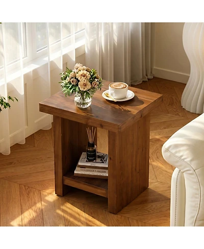 Tribesign Square Solid Wood End Table, 2-tier Rustic Farmhouse Side Table With Open Storage, Nightstand For Small Spaces, Living Room