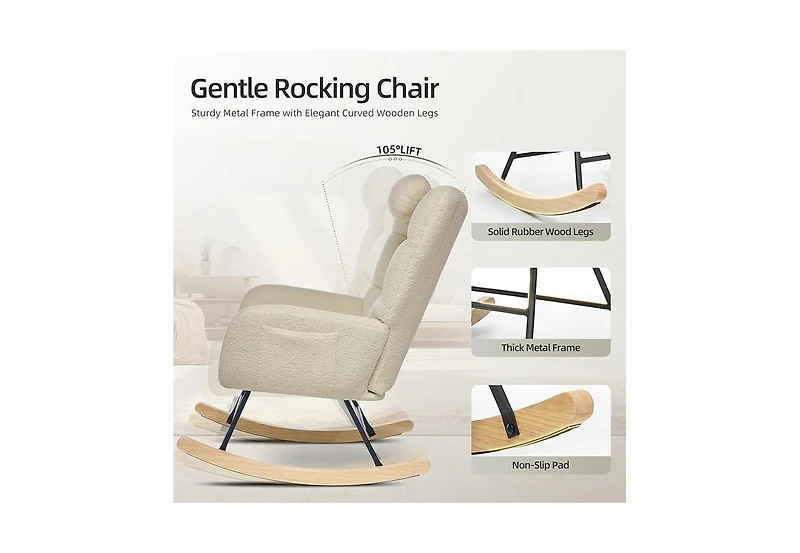 homfan Nursery Rocking Chair with Ottoman, Teddy Upholstered Glider High Backrest, Armchair Reading for Adults