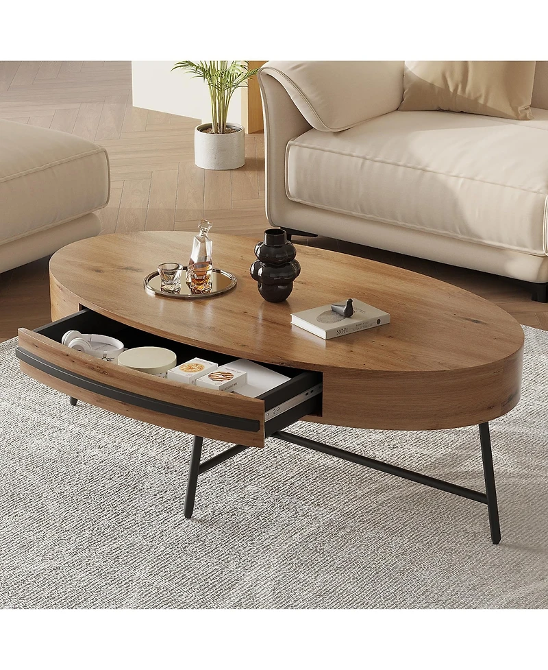 homfan Mid-Century Modern Oval Coffee Table with Drawer - 47.2" Wooden Center Table with Cross Metal Legs, Ample Storage and Curved Design