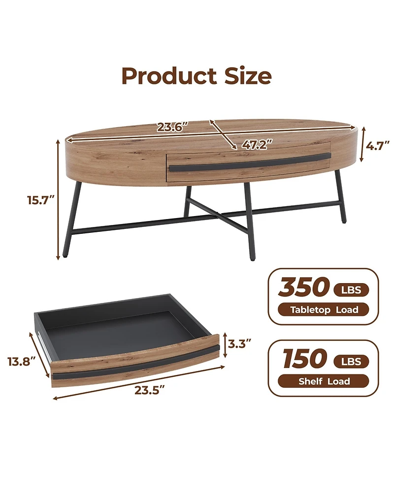 homfan Mid-Century Modern Oval Coffee Table with Drawer - 47.2" Wooden Center Table with Cross Metal Legs, Ample Storage and Curved Design