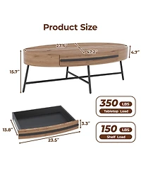 homfan Mid-Century Modern Oval Coffee Table with Drawer - 47.2" Wooden Center Table with Cross Metal Legs, Ample Storage and Curved Design