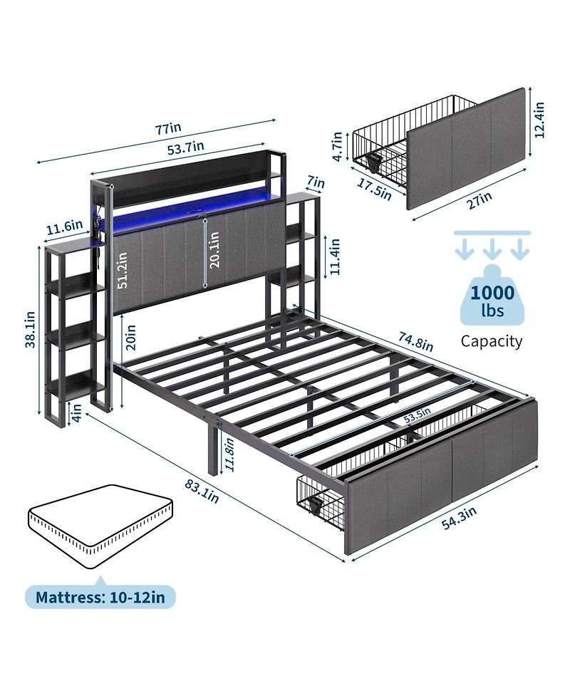 gaomon Full Size Upholstered Bed Frame with Hidden Headboard Storage, Led Lights, Charging Station