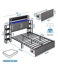 gaomon Full Size Upholstered Bed Frame with Hidden Headboard Storage, Led Lights, Charging Station