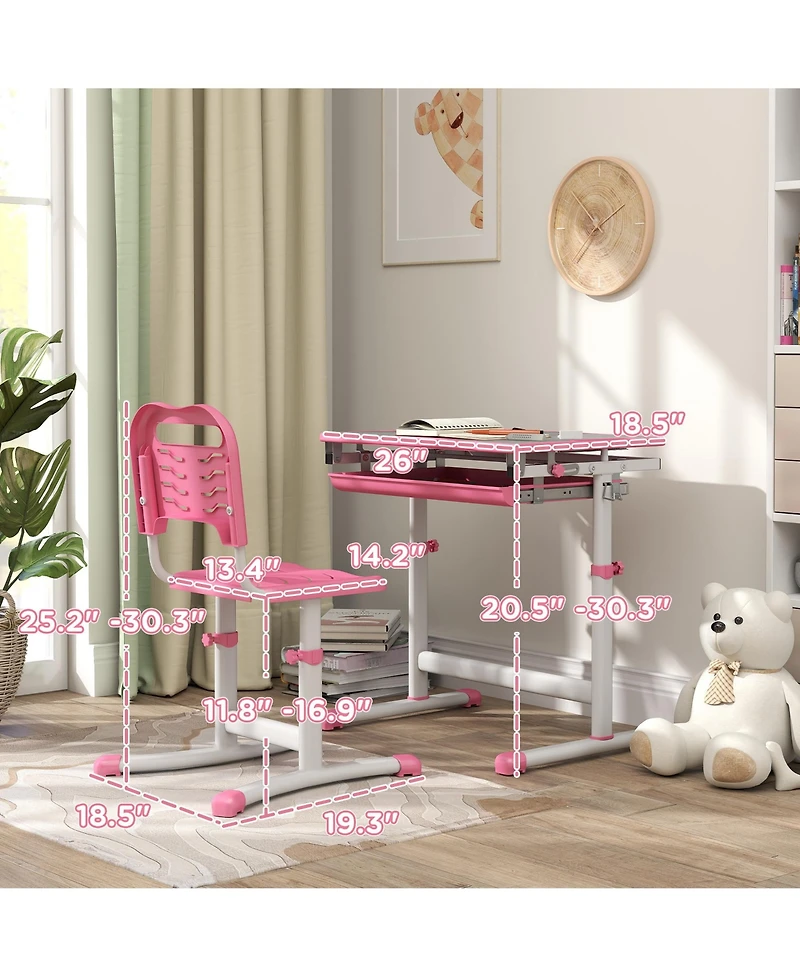 Clihome Kids Desk Chair Set Adjustable Children Study Table with Storage Drawer, Tiltable Desktop