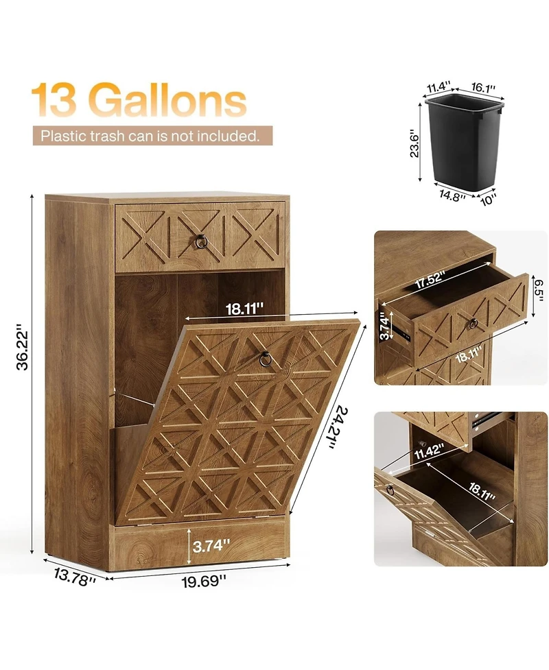 Tribesigns 13 Gallons Tilt Out Trash Can, Hidden Garbage Can Cabinet with Drawer, Wooden Fluted Trash Bin Cabinets for Kitchen Living Room