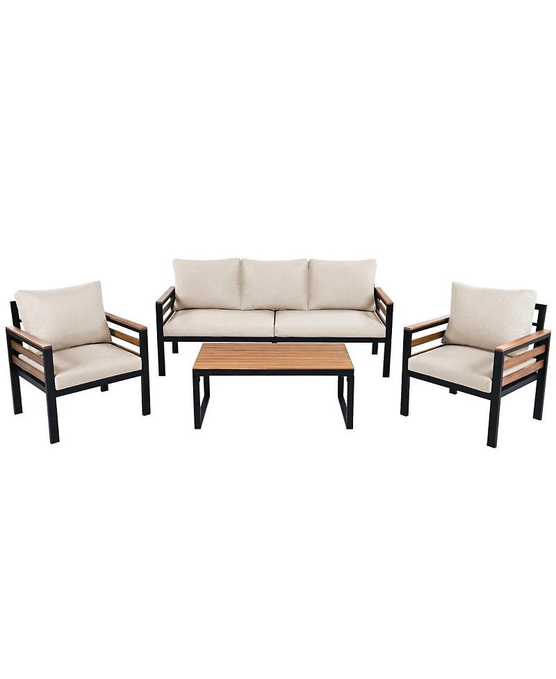 Asagikoiai 4-Piece Garden Patio Set, Acacia Wood Armrest Sofa and Table, All-Weather Outdoor Seating