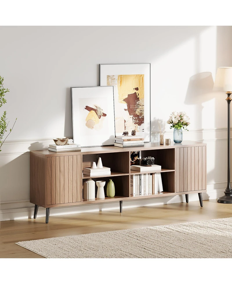 homfan Mid Century Tv Stand Wood Entertainment Center with Fluted Doors and Adjustable Shelves for TVs Up to 75", Living Room