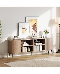 homfan Mid Century Tv Stand Wood Entertainment Center with Fluted Doors and Adjustable Shelves for TVs Up to 75", Living Room