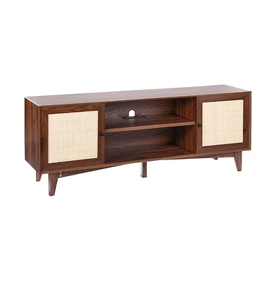 Sugift Rattan Tv Stand for 75 in Tv, 66 in Boho Entertainment Center with Built-In Power Strip and Storage Cabinets